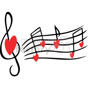 The clipart image features a musical staff with a treble clef and musical notes, all adorned with red hearts, symbolizing love and Valentine's Day.