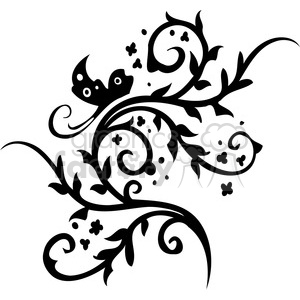 This clipart image features a decorative black and white floral design with swirling vines, leaves, and a butterfly. Small flowers and dots are scattered throughout the design, adding to its intricate detail.