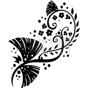 Black and white floral clipart image with intricate swirling designs, leaves, and abstract flower patterns.