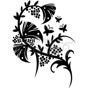 A black and white vector clipart image featuring a decorative floral pattern with clusters of berries and butterflies. The design is intricate and elegant, suitable for use in graphic design, tattoos, and decorative art.