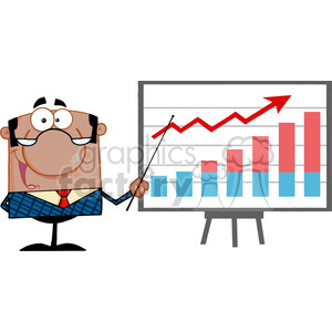   Clipart of Happy African American Business Manager With Pointer Presenting A Progressive Chart 