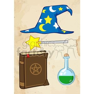 A clipart image featuring a wizard hat adorned with stars and moons, a magic wand with a star tip, a spell book with a pentagram on the cover, and a potion bottle filled with green liquid.