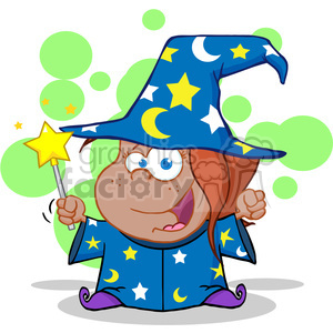 A cartoon illustration of a chubby young witch dressed in a blue robe adorned with yellow and white stars and moons, holding a magic wand with a star on top. She has a playful and cheerful expression, with green bubbles in the background.