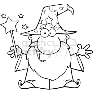 A black and white clipart of a cartoon wizard holding a magic wand with stars, wearing a star and moon-covered pointed hat and robe.