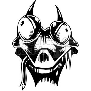 The clipart image depicts a stylized and aggressive depiction of a lizard or reptilian creature. It has prominent, swirling eyes that convey a sense of wildness or intensity. The head is adorned with spikes or horns and it has a wide-open mouth with sharp teeth, adding to the aggressive demeanor. The design is in high contrast black and white, making it suitable for vinyl cutting or as a tattoo design.