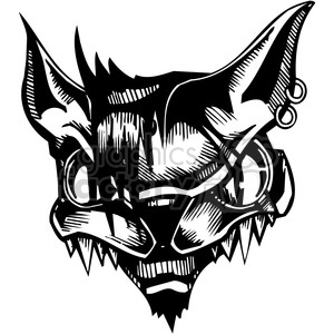 The clipart image features a stylized and aggressive-looking wild cat head. The design is bold and graphic, suitable for vinyl applications or as a tattoo design. The wild cat has intense eyes, large pointed ears, and sharp, exaggerated fangs. There are some decorative elements, such as rings or hoops at the tips of the ears, adding a stylized touch to the image.