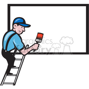 Clipart image of a painter on a ladder painting a wall with a paintbrush.