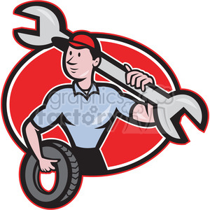 Clipart image of a mechanic holding a wrench and a tire with a red circular background.