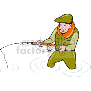 Clipart image of a fisherman standing in water, wearing a green outfit and hat, holding a fishing rod and reel.