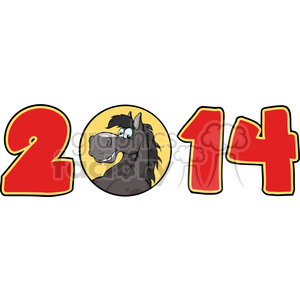 A humorous clipart image of the year 2014 with a cartoon horse's head replacing the zero, set against a yellow circle background.