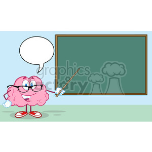   The image depicts a cartoon brain with a human-like face, glasses, white gloves, and red shoes. The brain is standing on its two leg-like stems in front of a green chalkboard, holding a pointer in one hand, as if it