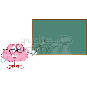 The clipart image depicts a pink cartoon brain character with eyes, a mouth, and glasses, appearing to teach or present information. It's standing on two legs, wearing white gloves and red sneakers, and holding a wooden pointer directed at a large, empty green chalkboard.
