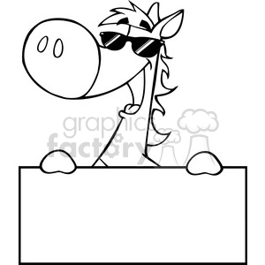 Black and white clipart of a cartoon horse wearing sunglasses and smiling, holding up a blank sign.