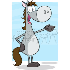 A cartoon illustration of a happy, smiling horse standing on two legs with one arm raised in a waving gesture.