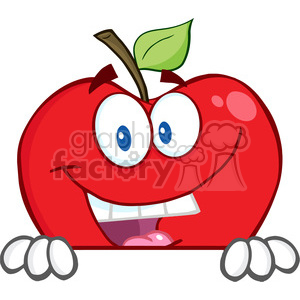5779 Royalty Free Clip Art Smiling Red Apple Hiding Behind A Sign