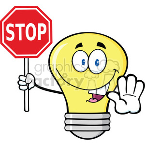 A cartoon lightbulb character holding a stop sign and gesturing to halt with its other hand.