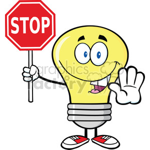 A funny lightbulb character holding a stop sign and smiling.