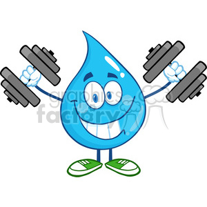 6218 Royalty Free Clip Art Smiling Water Drop Cartoon Mascot Character Training With Dumbbells