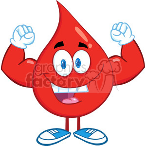6176 Royalty Free Clip Art Red Blood Drop Cartoon Character Showing Muscle Arms