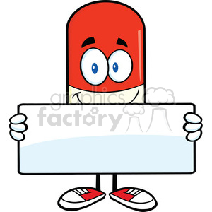 6294 Royalty Free Clip Art Pill Capsule Cartoon Mascot Character Holding A Banner