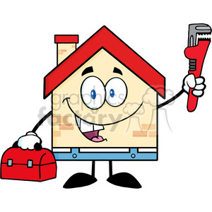   6456 Royalty Free Clip Art House Plumber With Wrench And Tool Box 