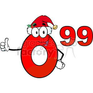 A festive cartoon character shaped like a zero wearing a Santa hat, representing 99 cents, with a cheerful expression and giving a thumbs up.