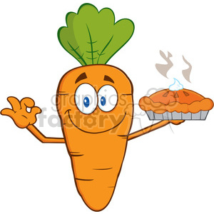 A cheerful cartoon carrot character holding a freshly baked pie. The carrot has green leaves at the top, large eyes, a wide smile, and is making an okay sign with one hand while holding the pie with the other.