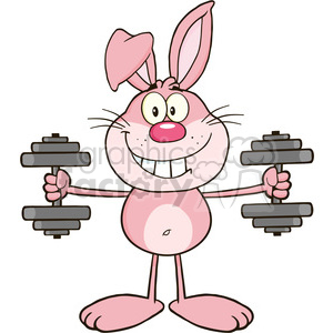 A cute pink bunny cartoon character smiling and holding two dumbbells, one in each hand.