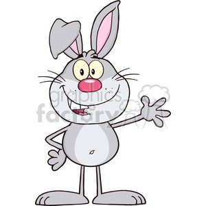 Cartoon illustration of a cheerful gray rabbit standing upright, smiling, and waving with one hand. The rabbit has big eyes, a round nose, and upright ears.