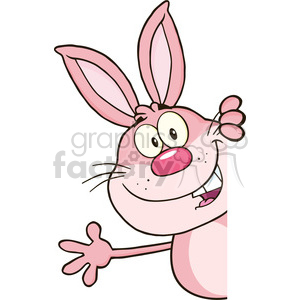 Cute Pink Rabbit Cartoon Character Looking Around A Blank Sign And Waving