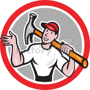 The clipart image shows a smiling person wearing a white shirt and red cap, holding a large hammer over their shoulder. The person is waving with one hand and has a friendly demeanor. The background features a gray circle enclosed within a red border, giving the image a badge-like appearance.