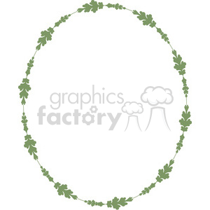 A clipart image of an oval wreath made up of green leaves arranged in a symmetrical pattern, forming a decorative frame.