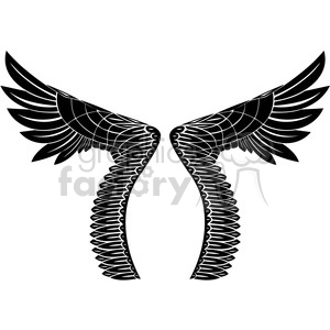 A black and white clipart image of symmetrical, intricately designed wings pointing upwards.