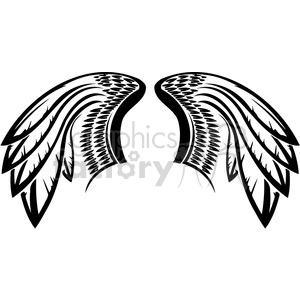 This clipart image features a pair of intricately designed black wings with detailed feather patterns. The wings are spread symmetrically and appear to be stylized for artistic or decorative use.