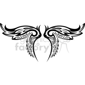 A symmetrical, artistic black and white clipart illustration of a pair of angel wings with intricate patterns and feather details.