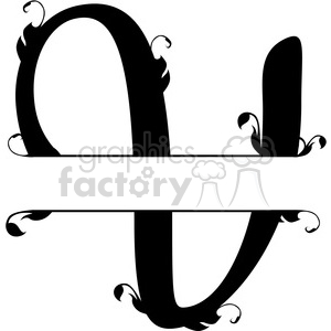   The clipart image shows a split regal monogram design of the letter "v" in English alphabet. There is a split in the middle of it, going across. This gives you space to put a word or name of your choice in (a nameplace for example) 