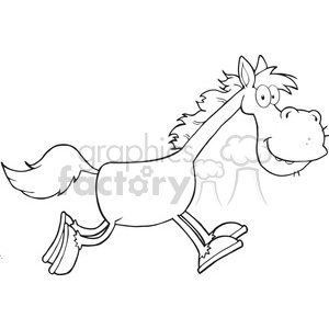   The image shows a cartoonish line drawing of a horse. The horse appears to be in a playful or running pose, with a big smile and lively eyes, adding a sense of humor or excitement to the illustration. It