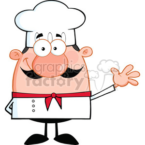   The clipart image features a cartoon chef. The chef has a round, friendly face with a big smile and rosy cheeks, a large red nose, and is wearing spectacles. He