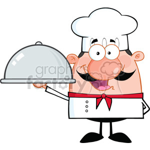   The clipart image features a cartoon chef holding a cloche, which is a dome-shaped cover used to serve dishes. The chef appears cheerful and is wearing the traditional chef attire including a white double-breasted jacket, a red neckerchief, and a tall white chef