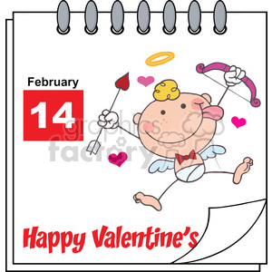 A playful clipart of a calendar page for February 14th, featuring a cartoon cupid with a bow and arrow, surrounded by hearts and the text 'Happy Valentine's'.