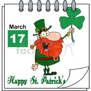 Clipart illustration of a leprechaun with a red beard, holding a shamrock on a calendar page marked March 17th for St. Patrick's Day.