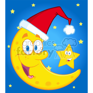 A cheerful crescent moon wearing a Santa hat with a smiling star against a night sky with scattered small stars.