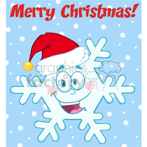 A cheerful snowflake cartoon character wearing a Santa hat with the text 'Merry Christmas!' in a snowy background.