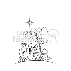 This clipart image features a cartoon shepherd with a sheep, looking up at a star against the backdrop of a biblical town, symbolizing a Christian religious scene.