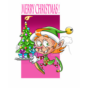 A playful elf character running while holding a decorated Christmas tree and presents on a tray, with a 'Merry Christmas!' message above.