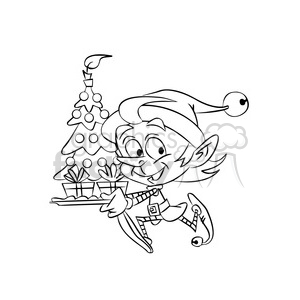 A cheerful Christmas elf running with a tray of presents in front of a decorated Christmas tree.