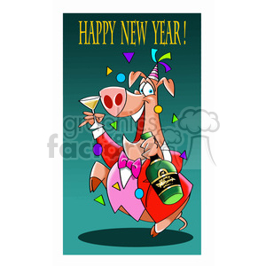 A humorous cartoon of a pig celebrating New Year with a party hat, holding a bottle of alcohol and a cocktail. Confetti is in the background with the text 'HAPPY NEW YEAR!' at the top.