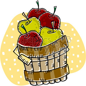 This is a clipart image featuring a wooden barrel overflowing with apples. There are both red and green apples with visible stems, indicating a variety of apple types. The apples have a stylized look with accentuated lines and shadows giving them a three-dimensional effect. The barrel appears to be placed against a yellowish background with a subtle pattern that could evoke a sense of the autumn season.