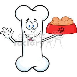 The clipart image shows an anthropomorphic bone with arms, legs, and a friendly face, holding out a red bowl filled with dog food. The food bowl has a paw print design on it.