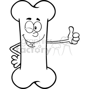 The image is a black and white line drawing of a funny anthropomorphic bone character with a face, arms, and legs. The bone character is giving a thumbs-up sign, suggesting a positive or approval gesture. It has a big smile, round eyes with glasses, and seems to have a cheerful demeanor.